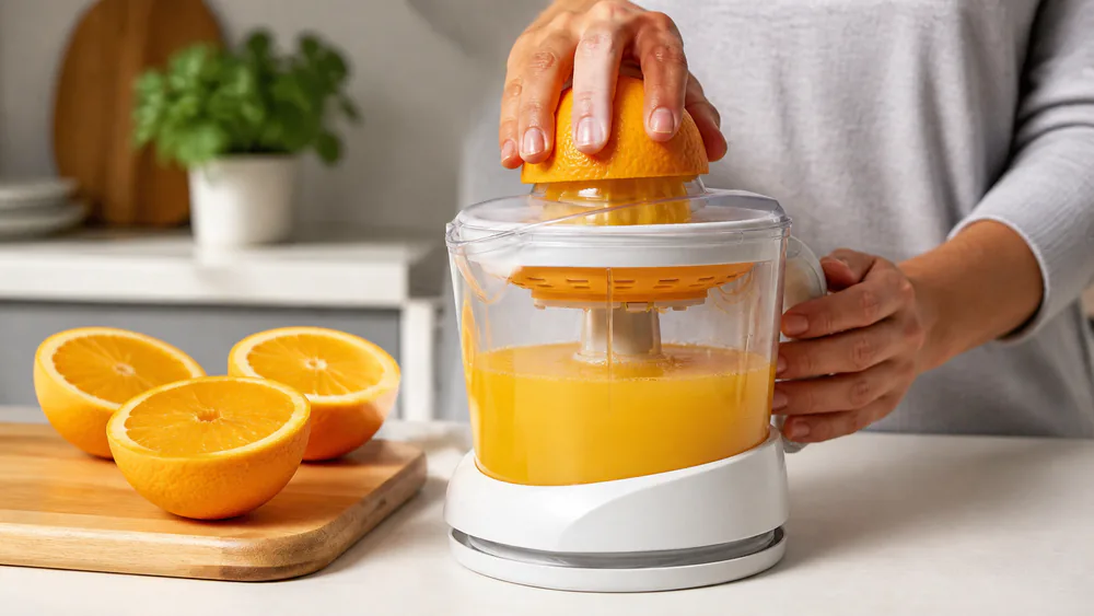 A Black+Decker Citrus Juicer spinning a halved orange on its small reamer cone, juice collecting in the clear marked pitcher beneath.