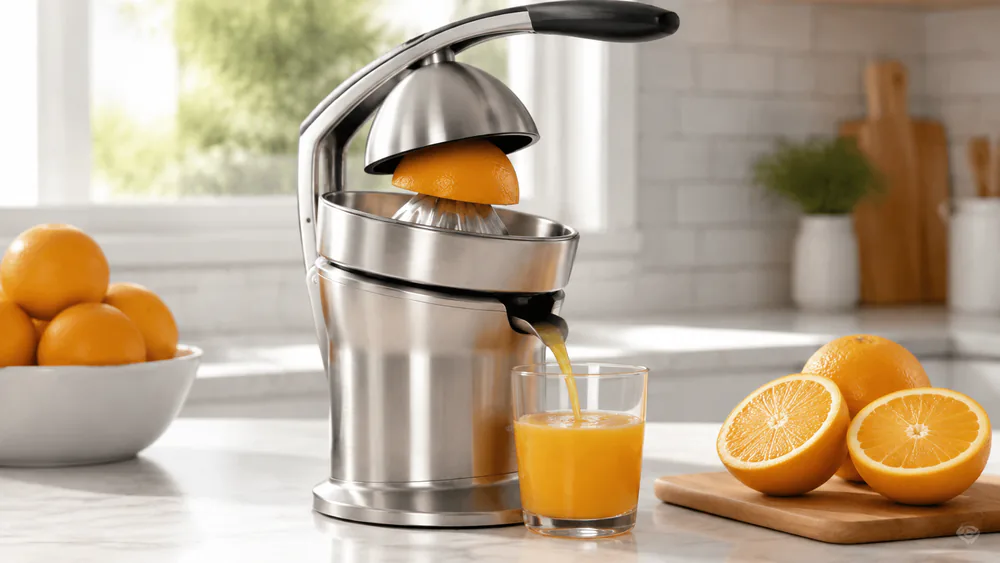 A Breville Citrus Press Pro pressing a halved orange, fresh juice streaming from the finned cone into a glass below the drip-stop spout.