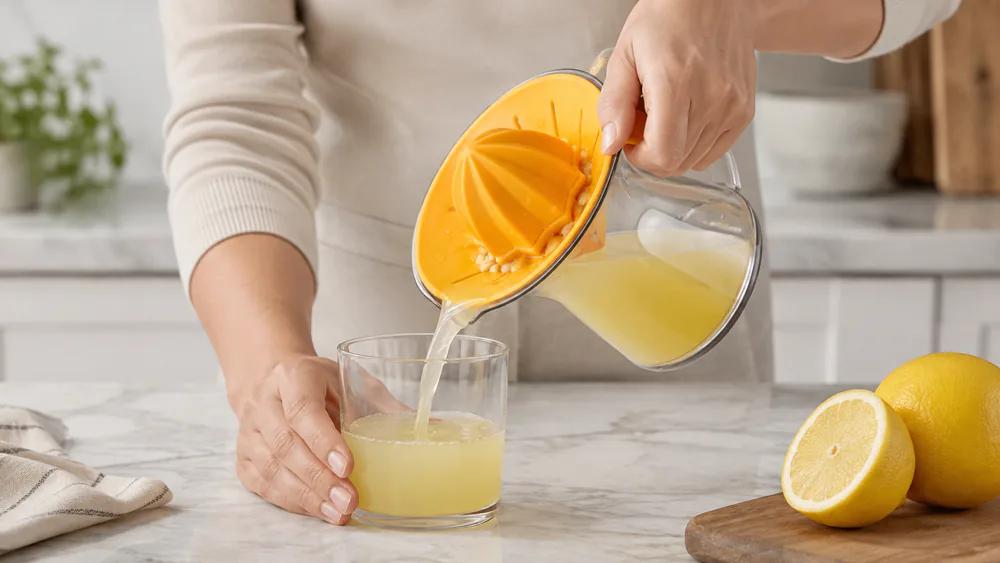 A Chef'n Juicester pouring fresh lemon juice from its plastic carafe through the built-in cone strainer into a glass.