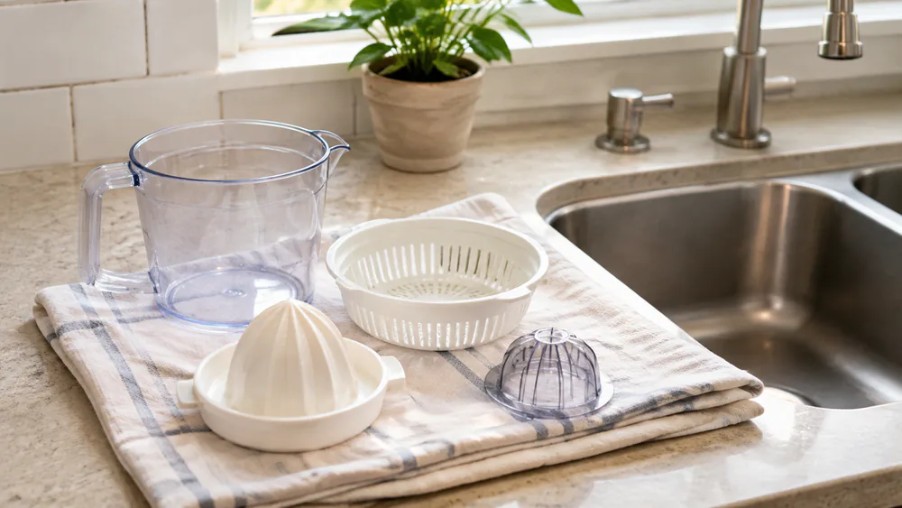 Dishwasher-safe citrus juicer parts laid out on a counter beside a kitchen sink, cone, strainer, and pitcher ready to wash.
