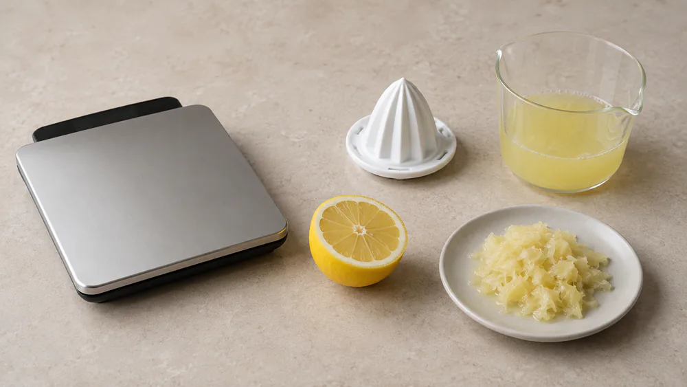 A digital scale with a halved lemon and a juicer cone beside it, a measuring cup of juice, and a small pile of dry crumbly pulp on a plate.