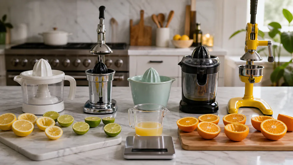 A test kitchen counter with five citrus juicers lined up beside halved lemons, limes, and oranges, a digital scale and a measuring cup of fresh juice in front.