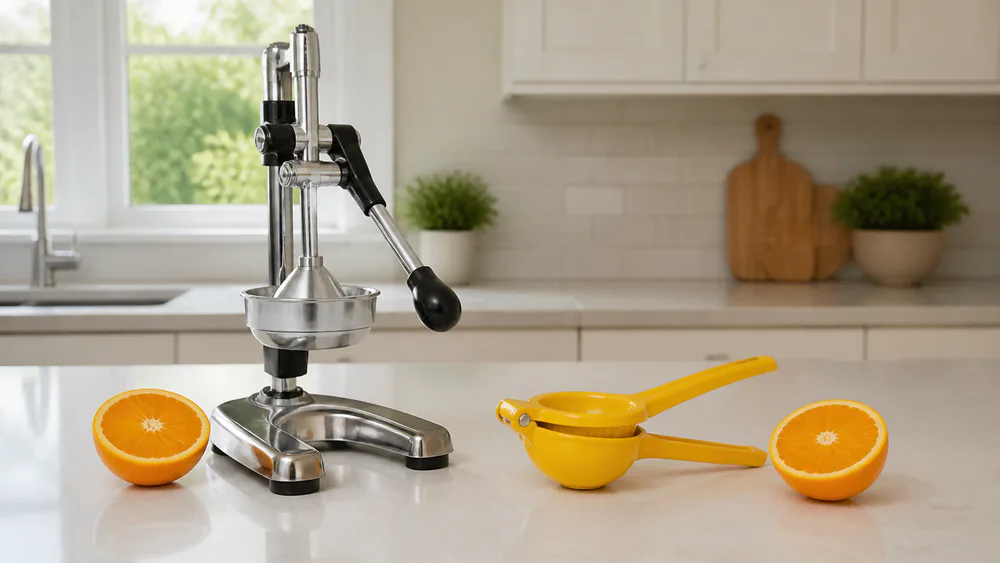 An electric lever press and a manual hand squeezer side by side on a kitchen counter, a halved orange beside each.