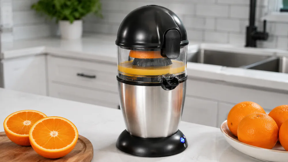 A Vinci Hands-Free Electric Citrus Juicer mid-cycle with a halved orange in its chamber, fresh juice visible in the bowl below.