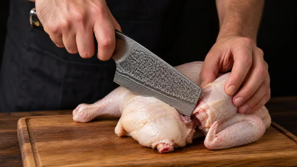 A hand guiding a cleaver through a joint of a whole raw chicken on a wooden cutting board, edge contacting the bone, fingers curled safely away.