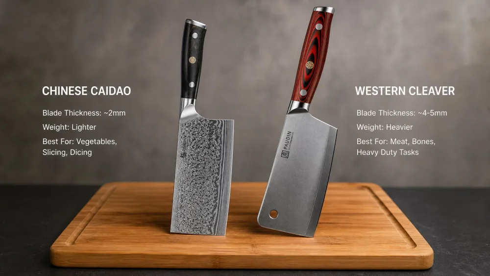 Two cleavers side by side on a wooden cutting board, a thin rectangular Chinese càidāo next to a thicker Western meat cleaver, showing the difference in blade thickness and profile.