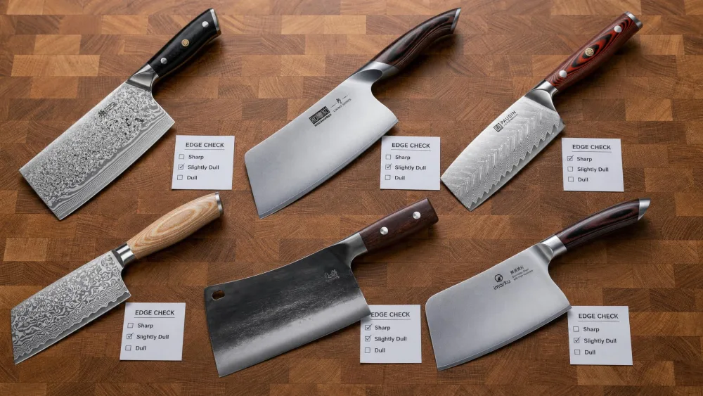 Six cleaver knives arranged on a butcher-block counter after a month of testing, each with a small edge-check card beside it, wooden and composite handles and steel blades visible.