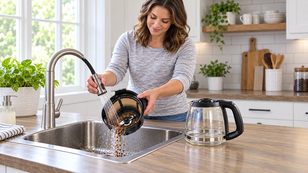 Black+Decker Mill and Brew filter basket held under a kitchen sink sprayer, grounds rinsing out, glass carafe on the counter