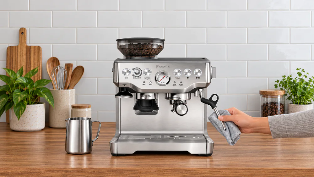 Breville Barista Express with a damp cloth wiping the stainless steam wand after steaming milk, portafilter in the group head
