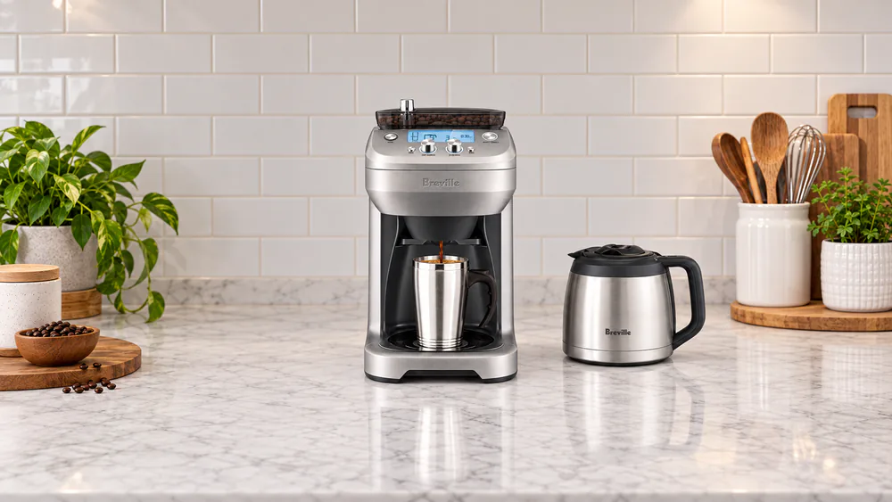 The Breville Grind Control brewing directly into a stainless travel mug on a kitchen counter, hopper full of beans behind it