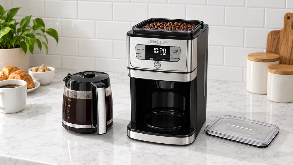 Cuisinart DGB-800 on a countertop with its sealed bean hopper open and a full 12-cup glass carafe beside it
