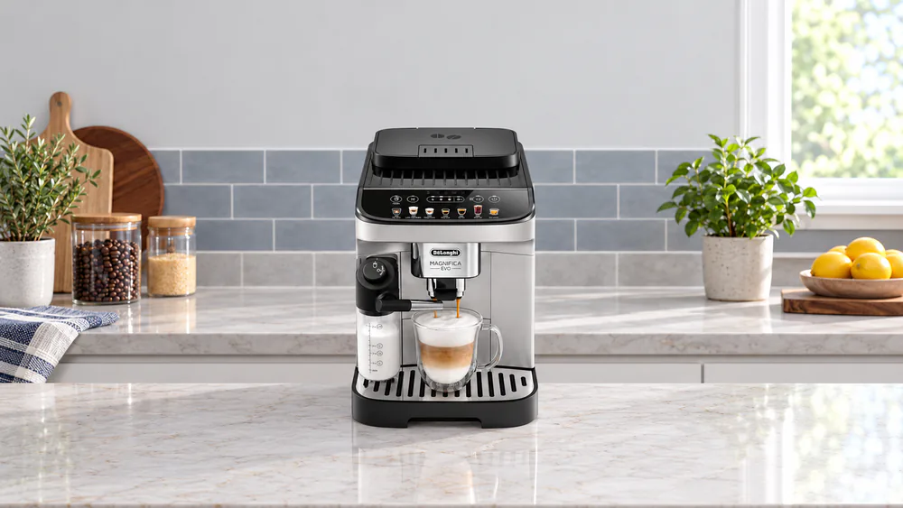 De'Longhi Magnifica Evo dispensing a cappuccino into a glass mug with the one-touch display lit