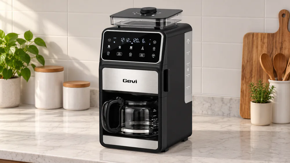 Gevi 10-Cup Grind and Brew close-up of the grind-size knob and touchscreen panel with the hopper empty