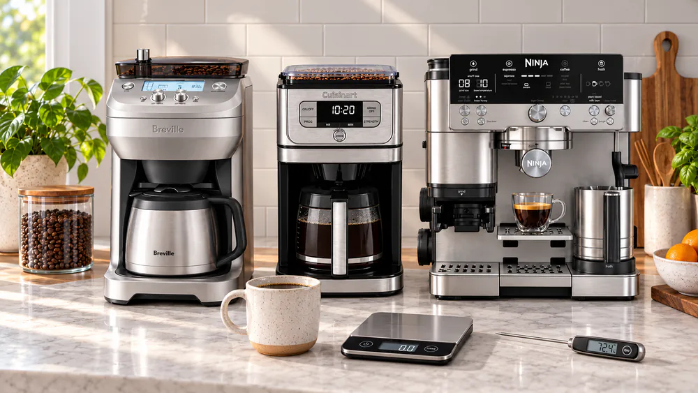 Several grind-and-brew coffee makers lined up on a kitchen counter with measuring scale, thermometer and a mug of freshly brewed coffee in front
