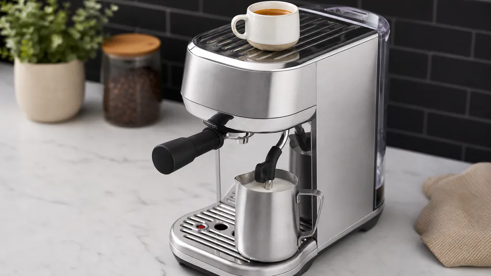 A Breville Bambino Plus steaming milk into a pitcher, the automated steam wand in use and a freshly pulled double shot on the warming tray.