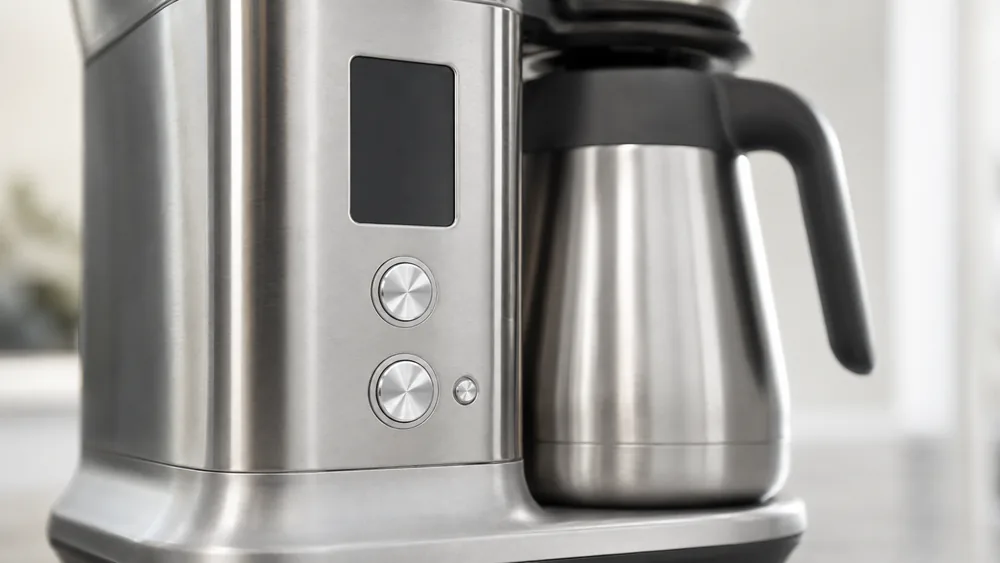 The control dial and display of a Breville Precision Brewer, showing the six brew modes including Gold, Fast, Strong, Iced, Cold Brew, and My Brew.