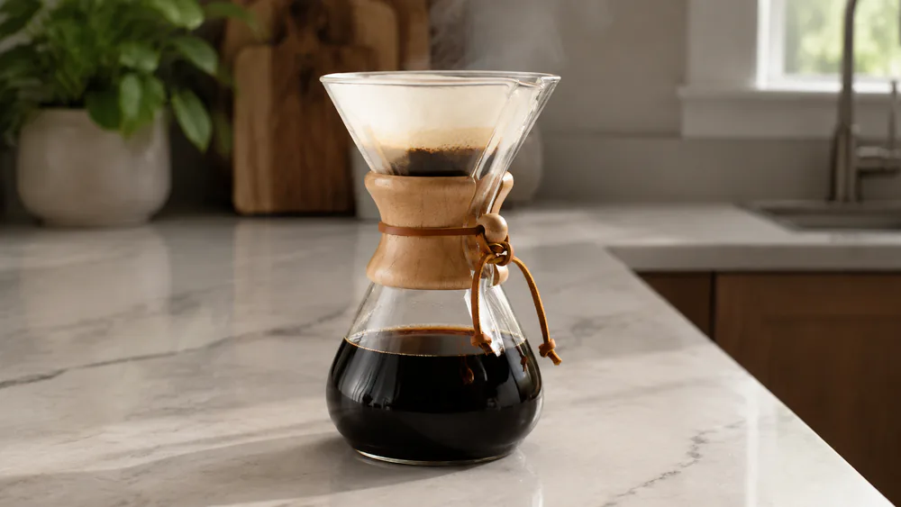 A Chemex Classic 6-Cup pour-over with its wooden collar and leather tie on a counter, steam rising from a freshly brewed batch.