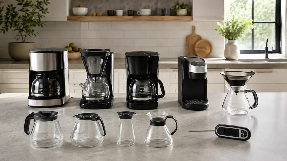Our test kitchen bench with several coffee makers lined up mid-evaluation, a thermometer and test carafes visible on the counter.