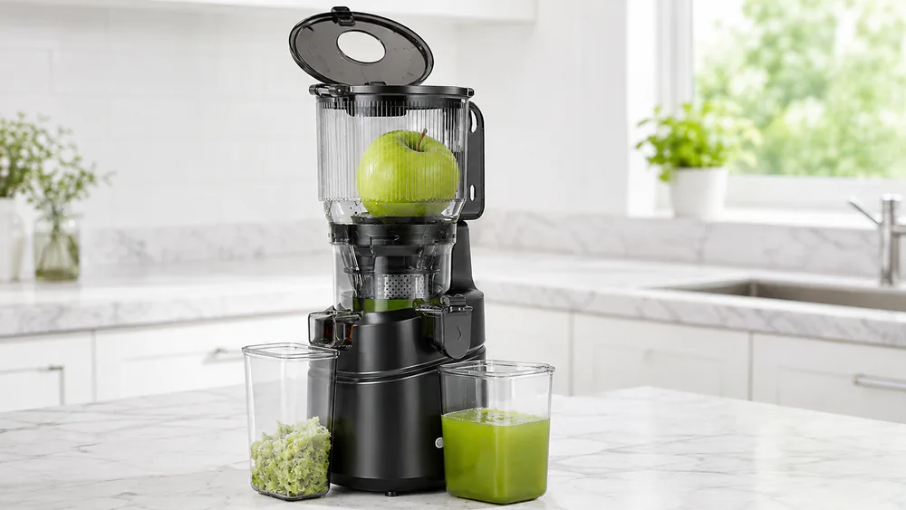 An AMZchef juicer with a whole apple entering the 6.3-inch feed chute, no cutting board in sight.