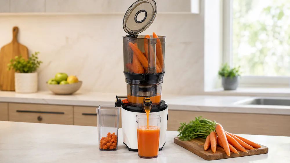 A Kuvings AUTO10 with the flip gate open and whole carrots feeding into the 100 oz hopper, juice and pulp cups in place.