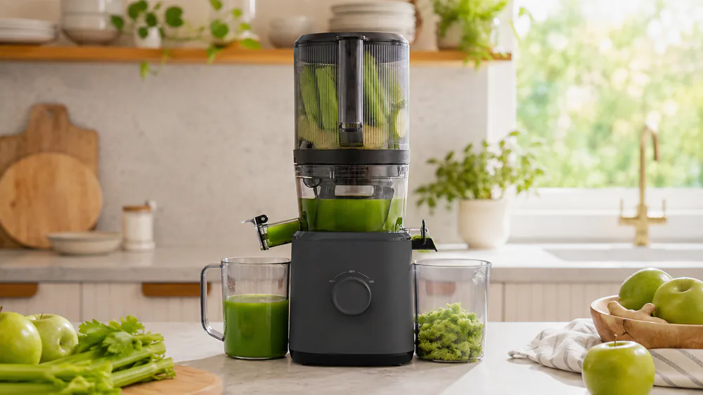 A Nama J2 with the lid closed mid-run, whole celery and apple loaded into the self-feeding hopper, juice and pulp containers in place on the counter.