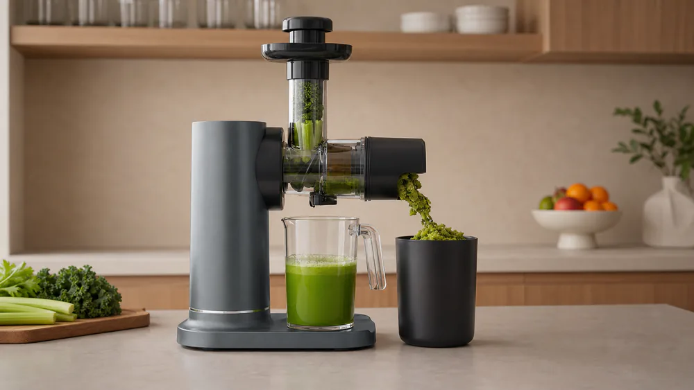 A Ninja NeverClog JC151 pressing a bundle of celery and kale, with the juice jug and pulp container below and no backup pusher in hand.