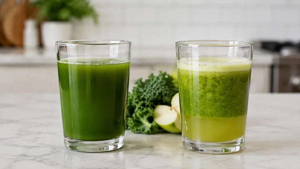 Two glasses of fresh juice side by side, one slow-pressed and one centrifugal, showing the difference in color and clarity.