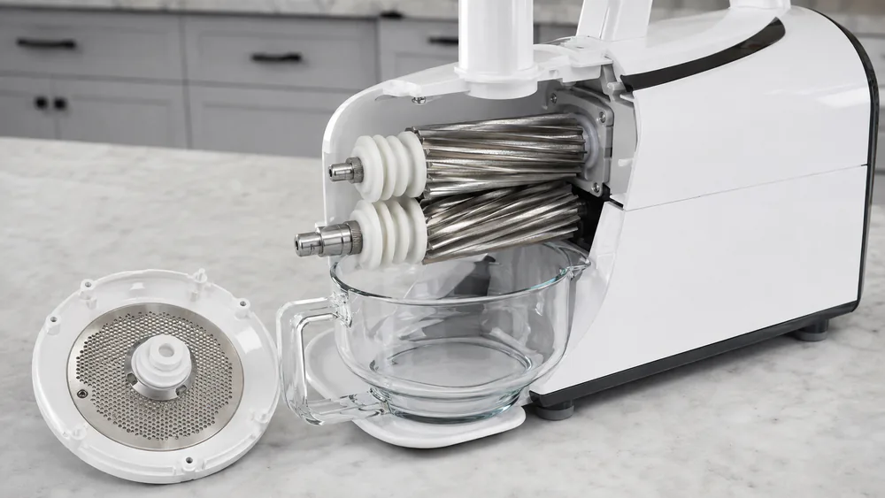The Tribest Greenstar's twin stainless steel gears with a scoop of very dry pulp beside the glass juice pitcher.