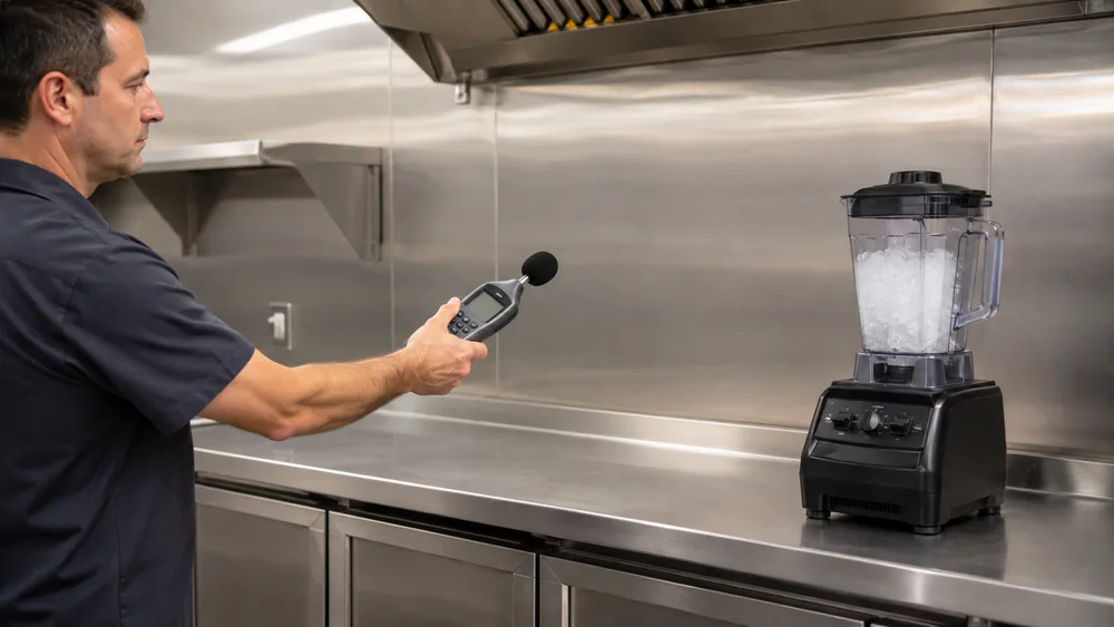 A digital decibel meter held three feet from a running commercial blender in our test kitchen, reading 94 dB on ice crush.