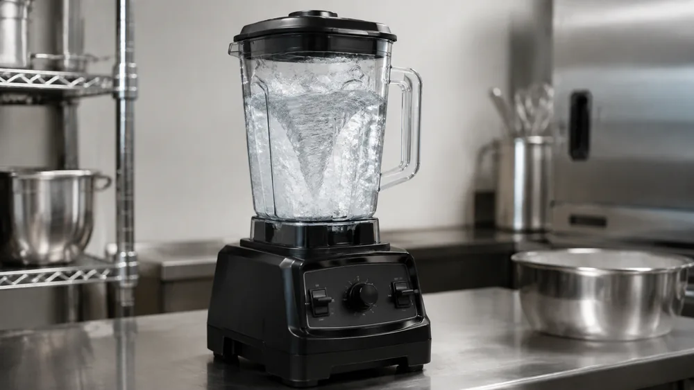 A 64-ounce jar full of ice cubes inside a commercial blender mid-cycle during our ice crush test.