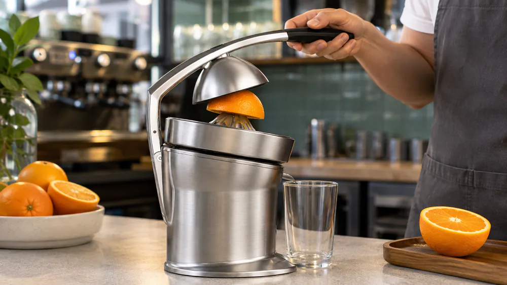 A Breville 800CPXL Citrus Press Pro pressing a halved orange while a staff member loads another half from a service tray.