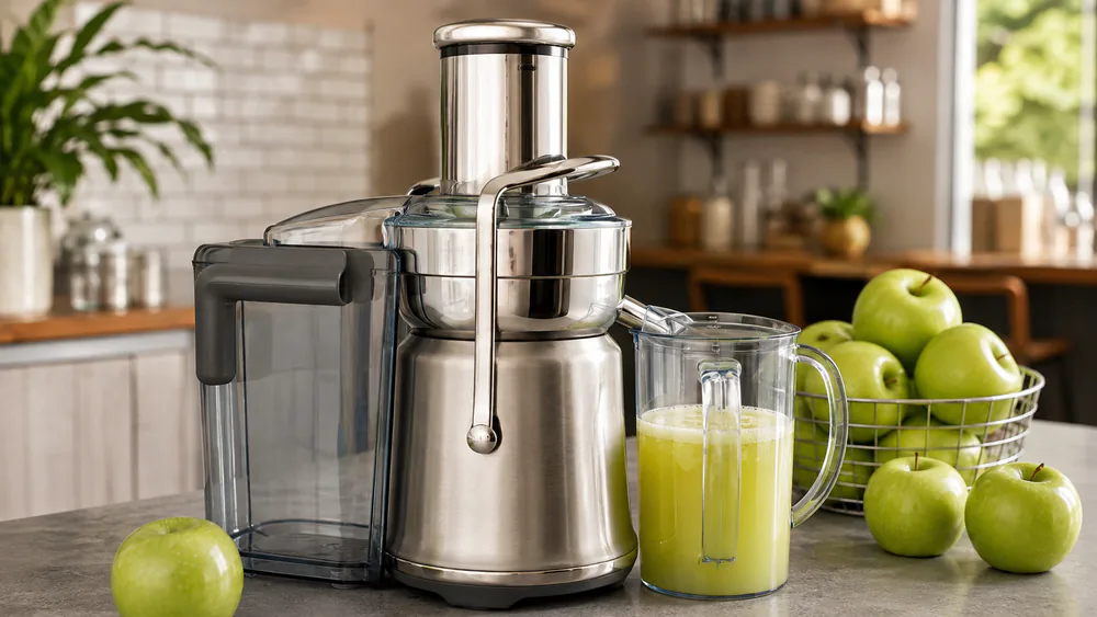 A Breville Juice Fountain XL Pro on a cafe counter with whole apples beside its wide feed chute and a filled 70 oz juice jug.