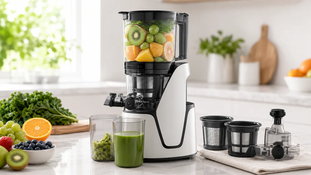 An EanOruus 3-in-1 Cold Press Juicer with its two strainers and nut milk attachment laid out beside a filled hopper.