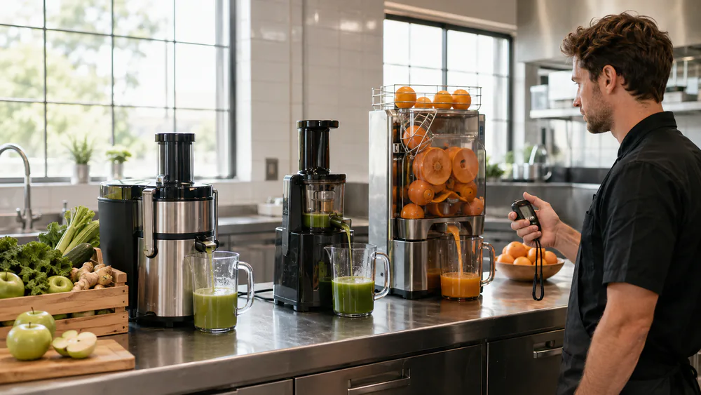 A test-kitchen counter with three commercial juicers running side by side, a staff member timing a batch while juice jugs and a produce crate wait nearby.