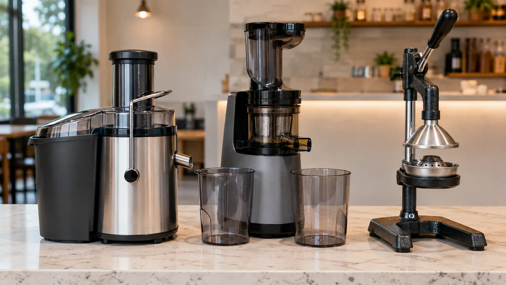 Three juicer types side by side on a cafe counter: a centrifugal juicer, a masticating cold press, and a citrus press.