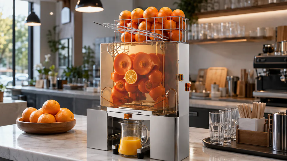 A VEVOR Commercial Orange Juicer Machine at a cafe service station with a bowl of oranges in its top storage basket and a filled juice carafe below.