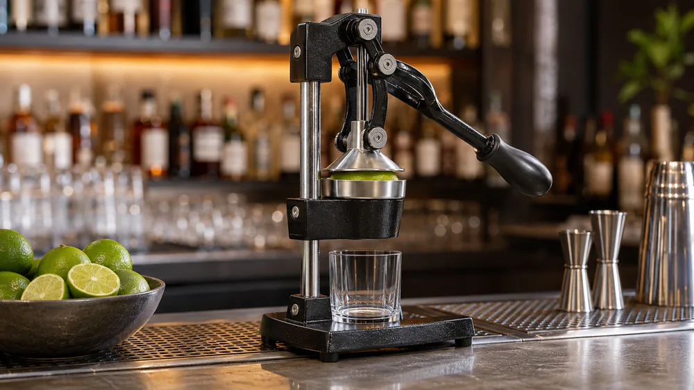 A Zulay Kitchen Cast Iron Juicer pressing a halved lime over a glass on a bar rail, lever arm raised.