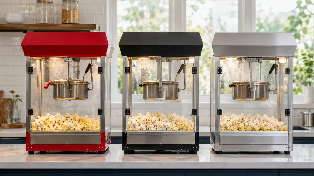 Commercial popcorn kettles popping side by side in a test kitchen, steam rising and popped corn filling the glass housings.