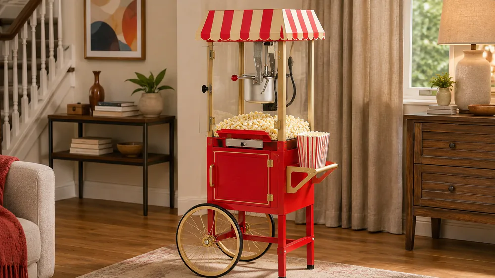 The Nostalgia 8 oz vintage popcorn cart styled like a 1950s theater stand, serving door closed and candy dispenser attached.