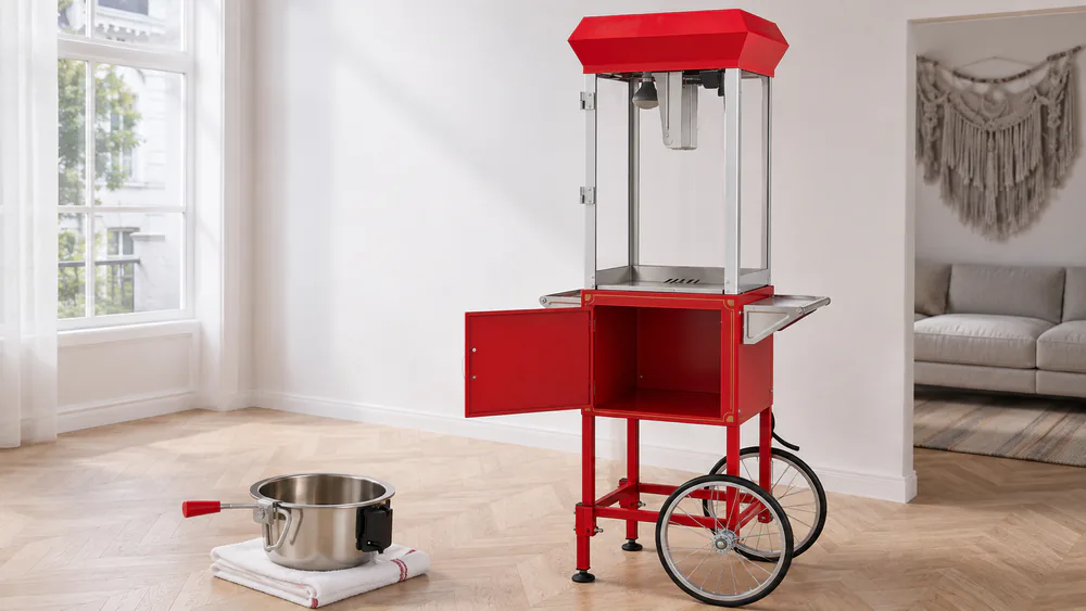 The PopBria 16 oz popcorn maker with its removable kettle and exhaust fan, kettle lifted out for cleaning after a 48-batch week.