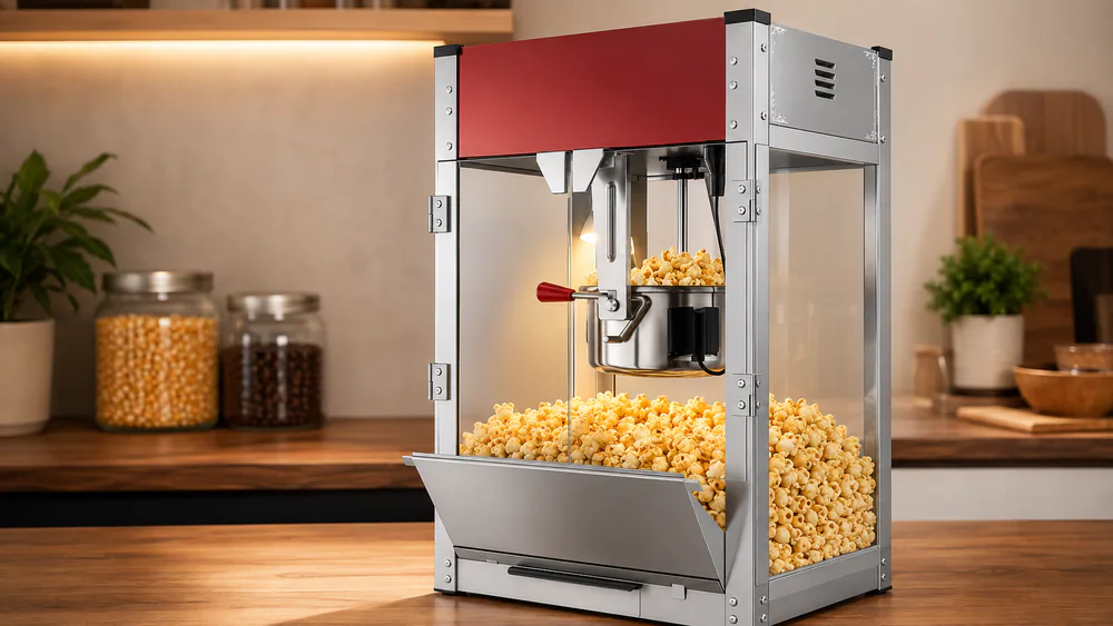 The ROVSUN 8 oz countertop popcorn machine lit by its LED interior light, a batch finishing inside the tempered glass door.