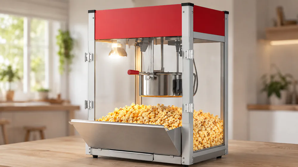 Popped corn piled on the VEVOR 12 oz warming deck under the interior light after a batch, still warm and crisp.