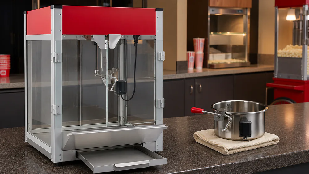 The VEVOR 8 oz countertop popcorn maker with the wing-nut kettle lifted out and the slide-out crumb tray pulled open for cleaning.