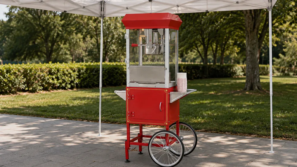 The VEVOR 8 oz popcorn cart set up outdoors with the storage cabinet and side shelf loaded, 14-inch wheels and push handle visible.