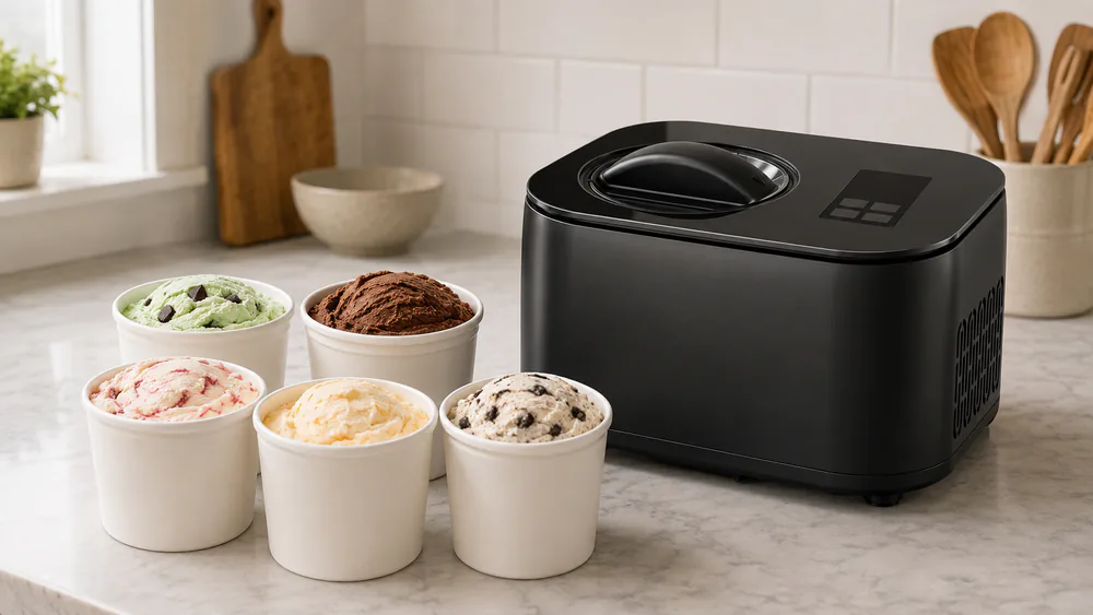 The Chefman Iceman with two stainless pint inserts, one filled with ice cream.