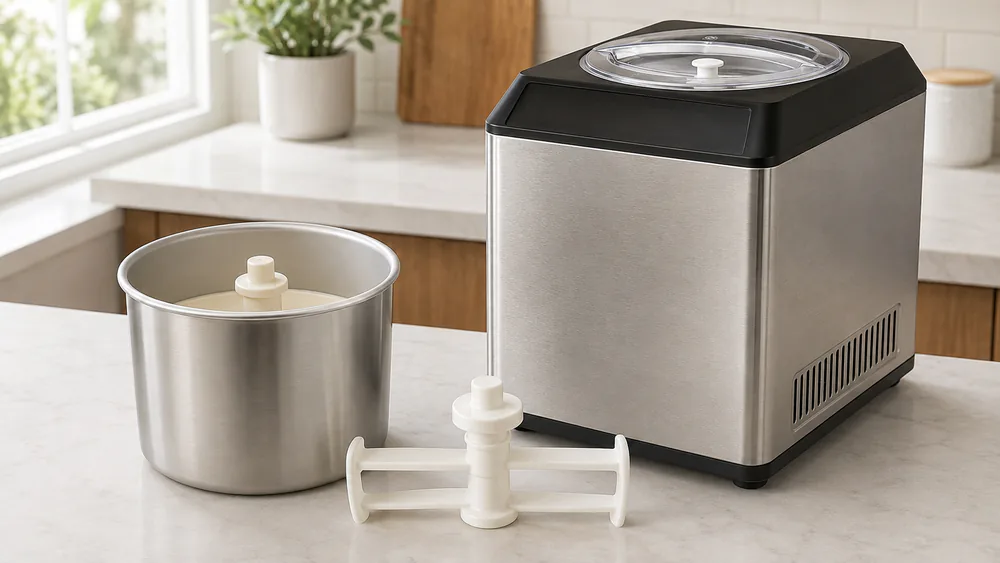 A compressor ice cream machine with its lid open, the dasher visible inside the stainless bowl.