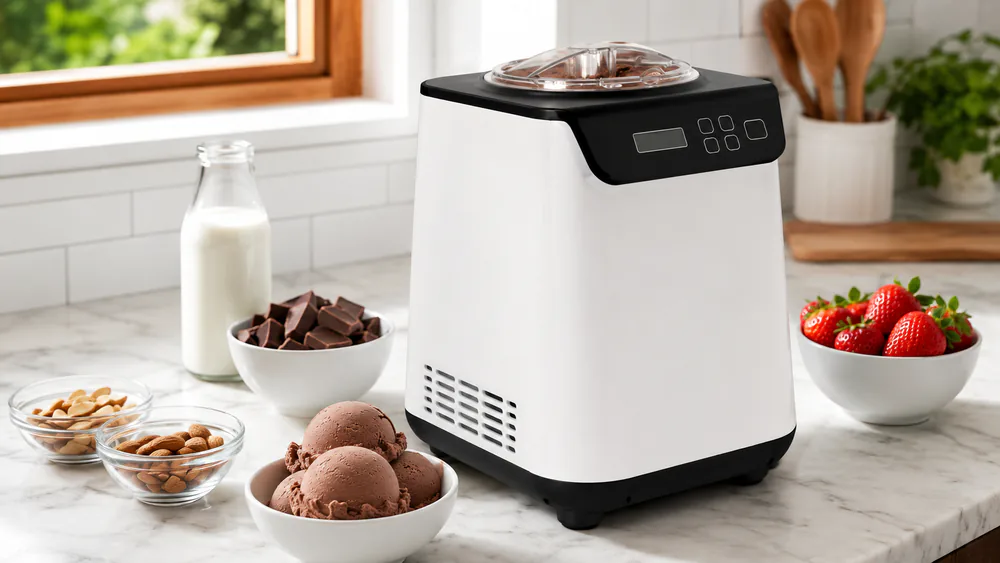 The COUPLUX 2.64 Qt with its transparent lid showing a full chocolate batch.
