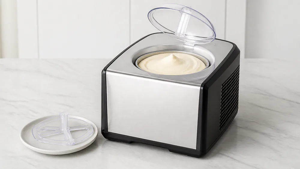 The Cuisinart ICE-100 with its lid open and gelato paddle removed, dense gelato in the bowl.