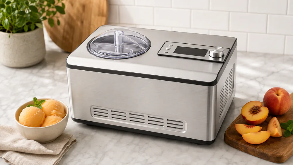 The Gasbye ICE2037YJ with a bowl of peach sorbet beside it, the LED display lit.