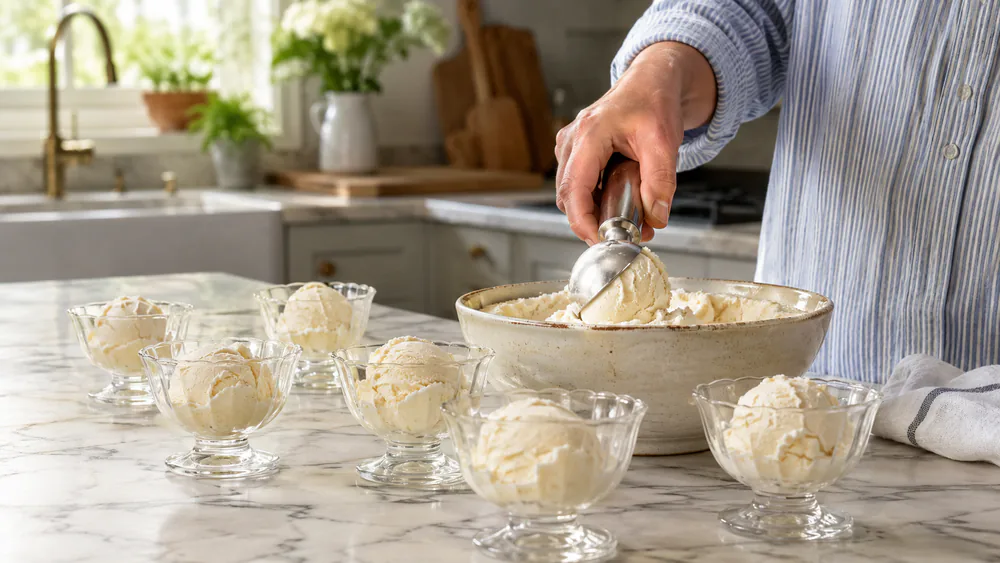 A hand scooping vanilla ice cream from a full bowl into dessert cups, eight cups arranged on the counter.